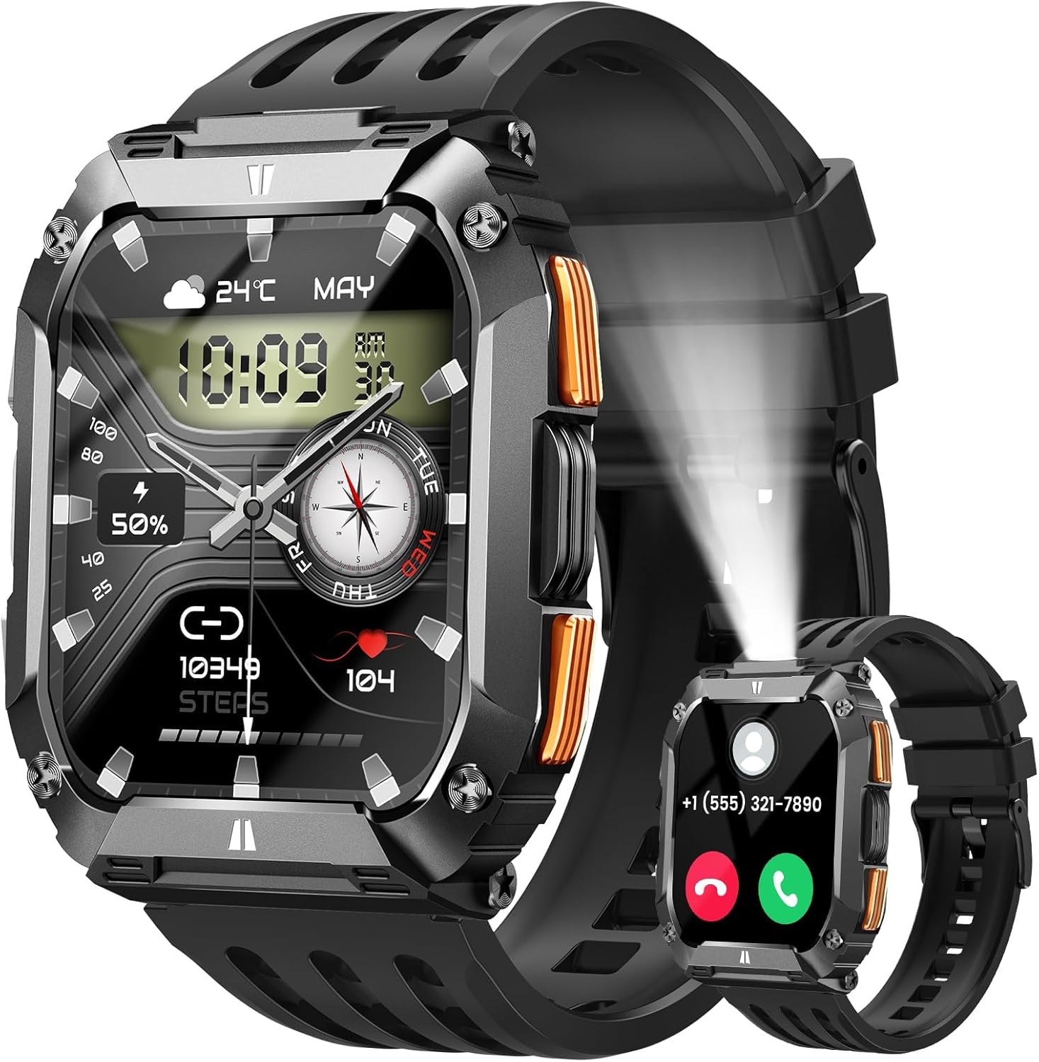 Smart Watches for Men, 1.95'' Fitness Watch: Military Smart Watch with 100 Days Battery Life/Call/Flashlight, Waterproof Sport Smartwatch for Android iPhone Sleep/SpO2/Heart Rate Monitor/Step Tracker Black