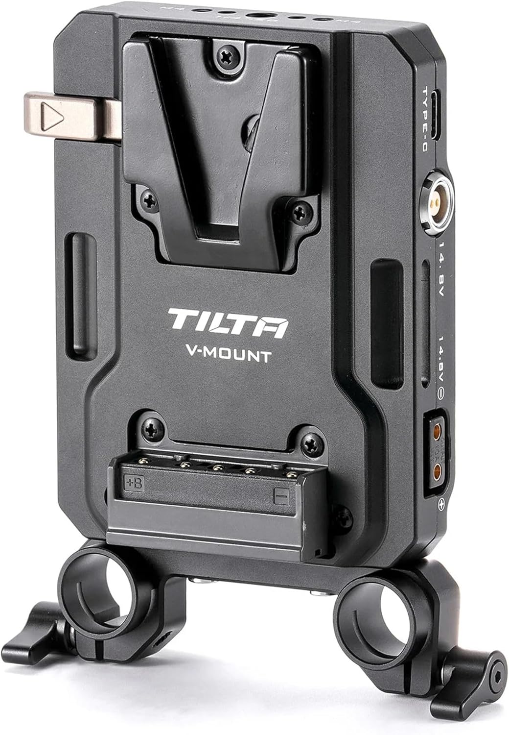 Mini PD V Mount Battery Plate – Black - Include P-Tap, USB-C and 2-Pin Lemo Connections - Security Straps - Compatible with Dual 15mm LWS Rods - Features 1/4”-20 and M4 Threads