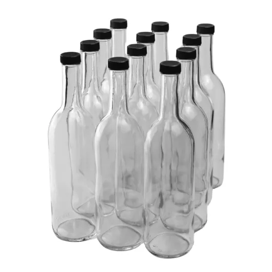750 ml Clear Bordeaux Wine Bottles (Pack of 12) Screw top finish with 12 Black PLASTIC caps - W5 Flint Flat-Bottomed Glass Bottles Ideal for Wine Making and Storage