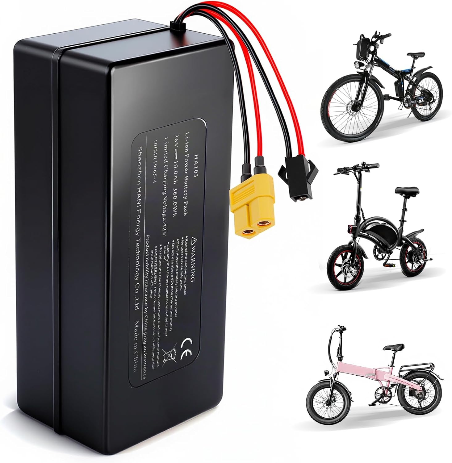 36V Ebike Battery, 36V 10Ah Rechargeable Lithium Battery with T-Plug, XT60 Connector and BMS for 0-350W Motors E-Scooters, ATVs, Electric Bikes, Solar Storage