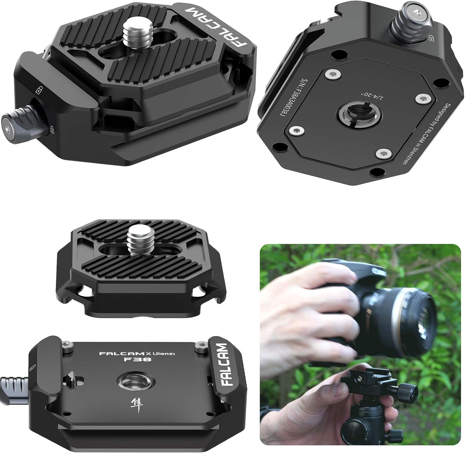 F38 Camera Quick Release Plate w 1/4" to 3/8" Screw Thread, Quick Release System QR Plate Camera Tripod Mount Adapter for Sony Canon Monopod DSLR Stabilizer Slider DJI Switch Between Stablizer