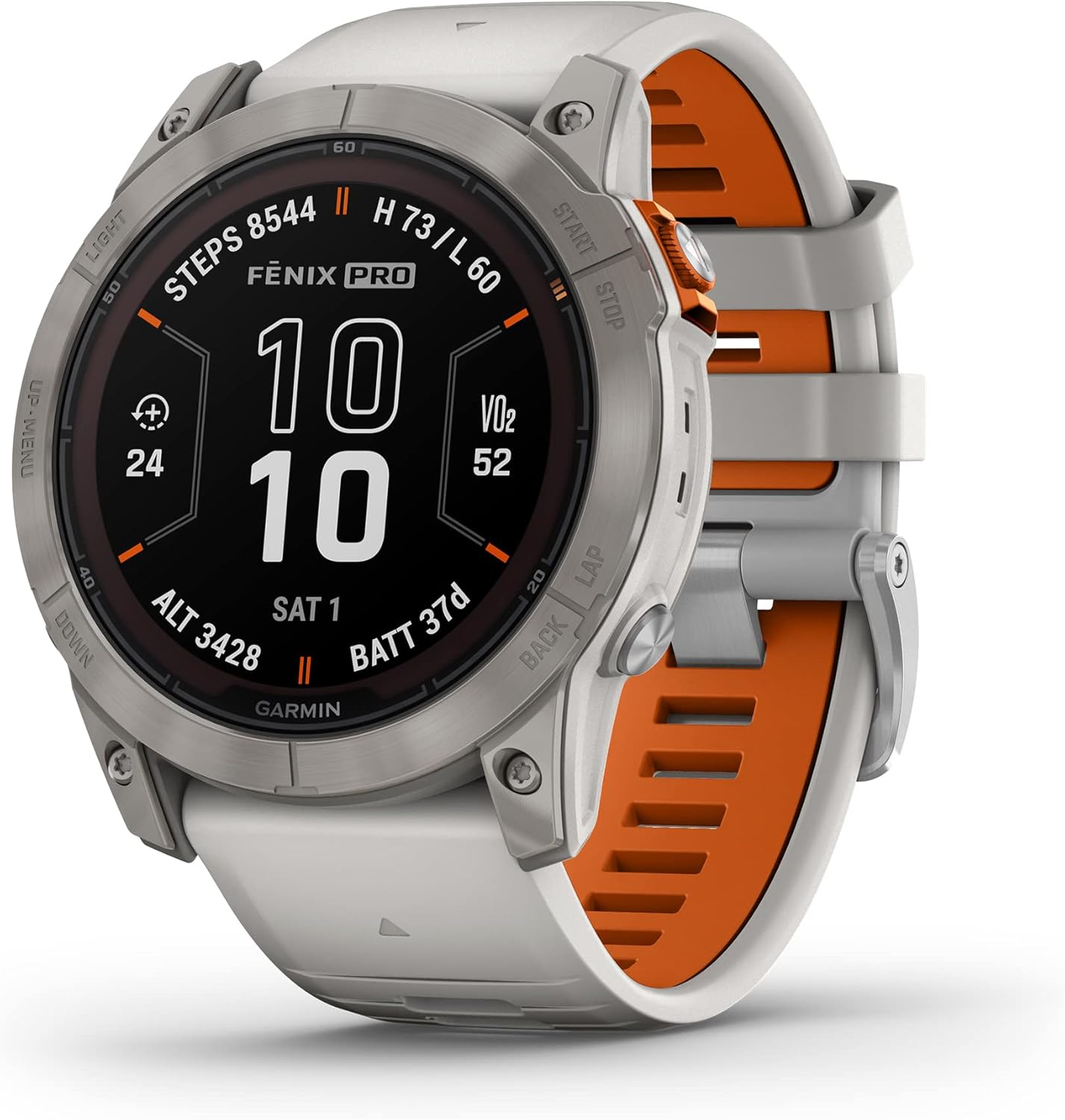 Fēnix 7X Pro Sapphire Solar, Multisport GPS Smartwatch, Built-in Flashlight, Solar Charging Capability, Fog Gray/Ember Orange 51 mm Pro Sapphire Solar Titanium with Fog Gray/Ember Orange Band
