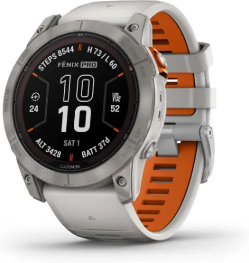 Fēnix 7X Pro Sapphire Solar, Multisport GPS Smartwatch, Built-in Flashlight, Solar Charging Capability, Fog Gray/Ember Orange 51 mm Pro Sapphire Solar Titanium with Fog Gray/Ember Orange Band