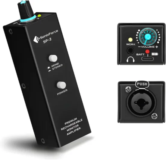 Rechargeable Headphone Amp with XLR/TRS Input & 3.5mm Output, Stereo/Mono Switch for in-Ear Monitor, Drummers, Guitar, Musicians, Keyboardists (Personal Analog Headphone Amplifier) Black