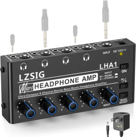 Headphone Amplifier 4 Channel, Metal Stereo Audio Amplifier with Bass Boost, Mini Earphone Splitter with Power Adapter, 1/4" & 1/8" TRS Headphones Output & TRS Audio Input, DC 12V Small(4-channel)