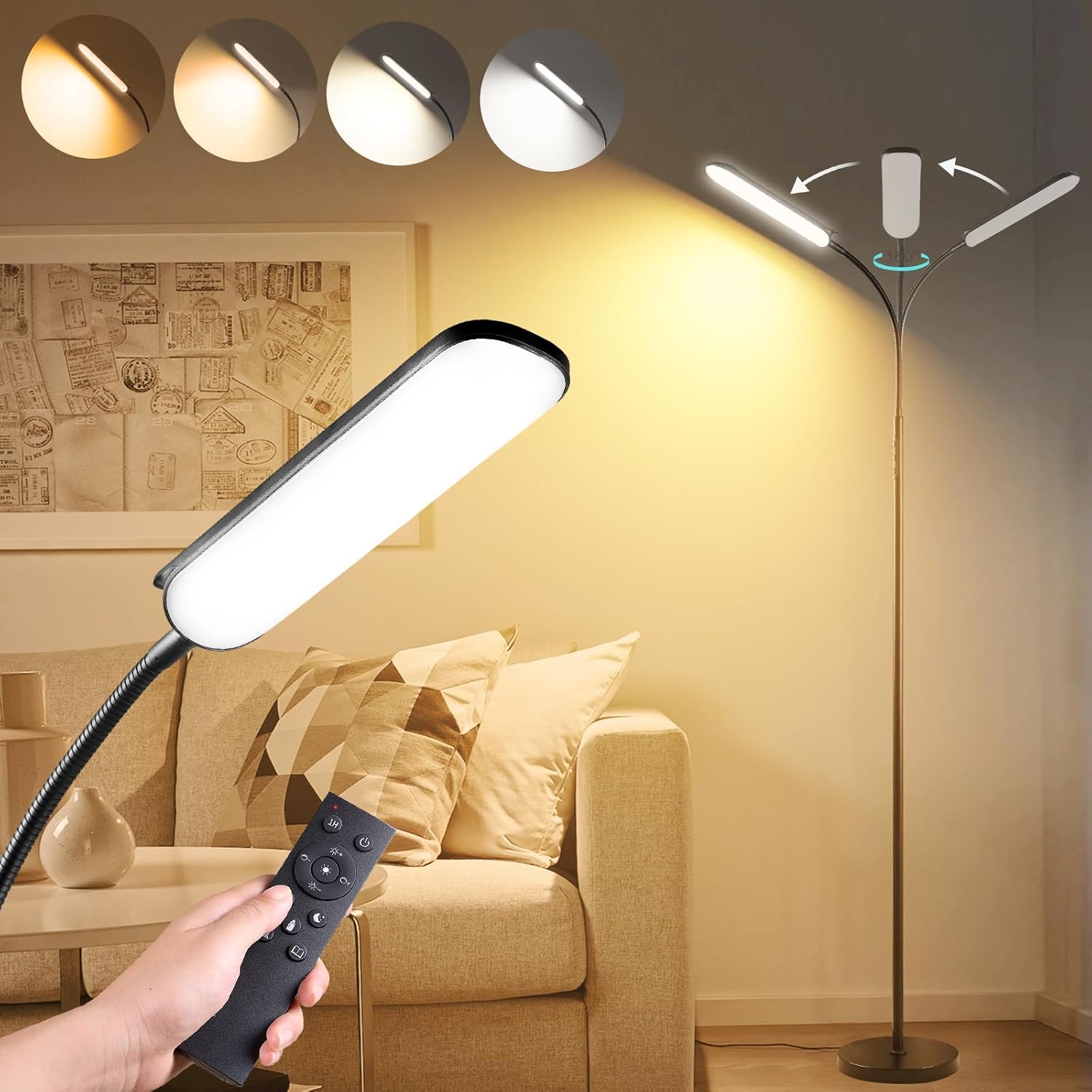 Floor Lamp, 18W 1800LM Super Bright LED Floor Lamp with Remote & Works with Smart Plug, Dimmable Timing Eye Caring Reading Lamps Floor Standing for Living Room Bedroom Office Black