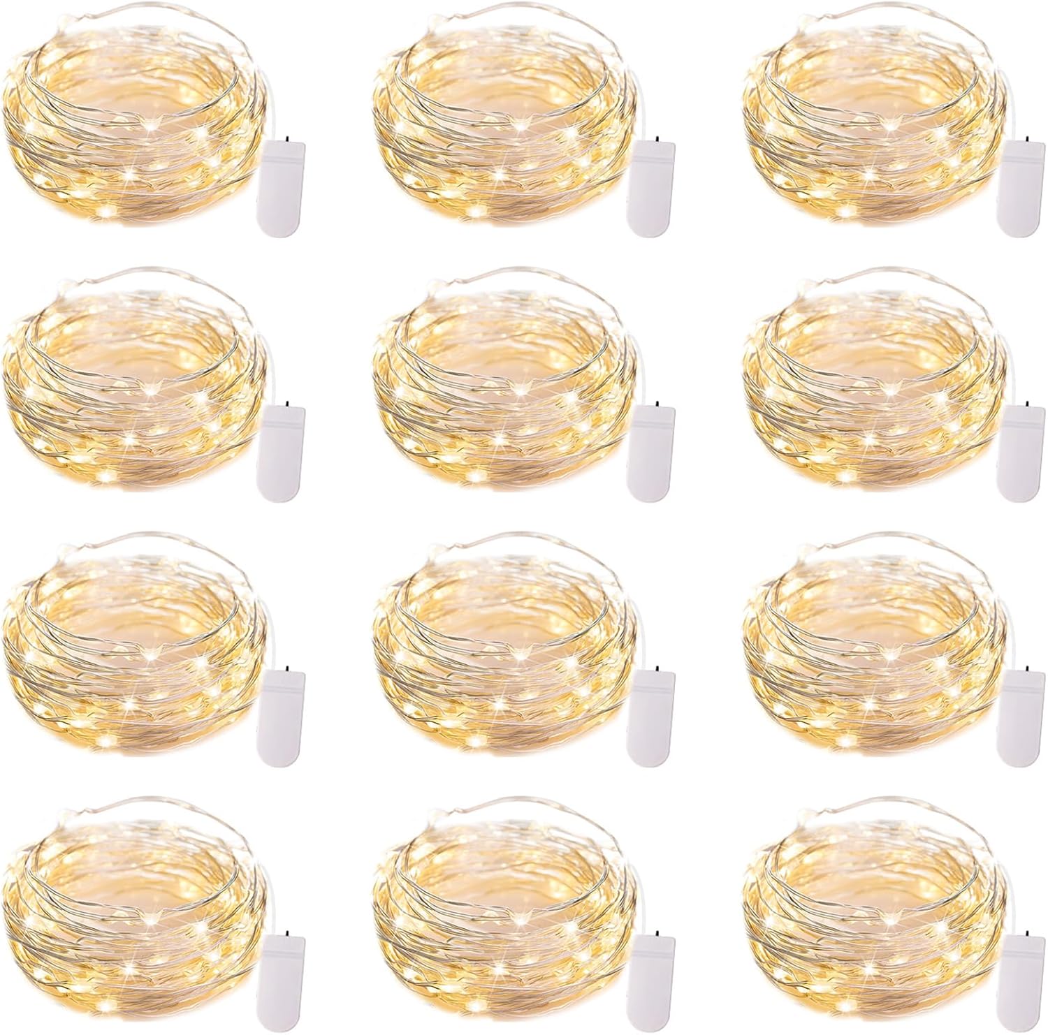 12 Pack LED Fairy Lights Battery Operated String Lights - 7ft 20LED Waterproof Silver Wire Firefly Starry Moon Lights for DIY Crafts Wedding Table Centerpieces Party Bedroom Christmas Warm White 12 Pack