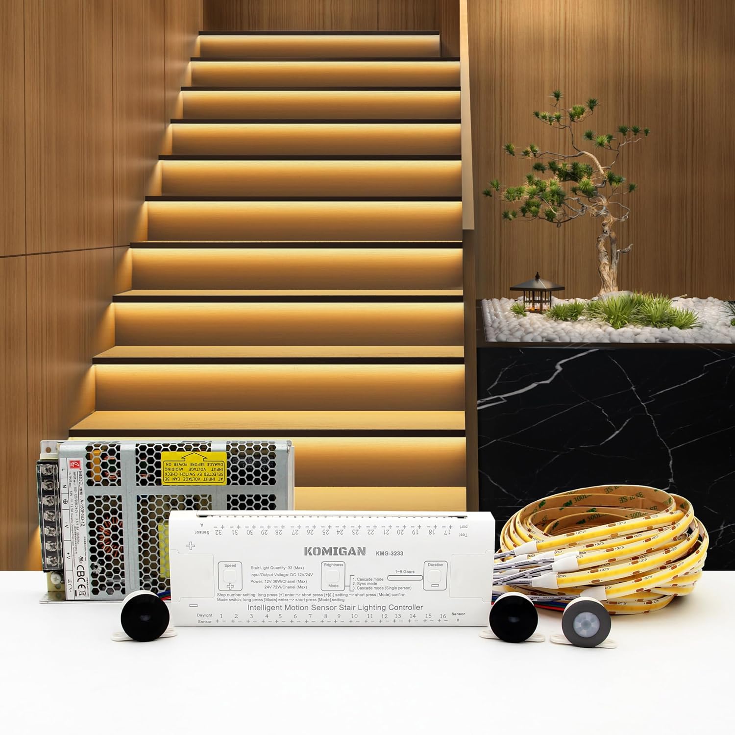 Intelligent Motion Triggered LED Stair Lighting Kit KMG-3233, 40" Cuttable LED Strip Light for Indoor LED Stair Lights (Warm White 3000K,12 Stairs) Warm White 3000K 12 Stairs