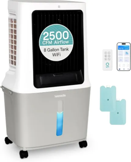 Portable Swamp Cooler Air Conditioner - 2500 CFM Airflow, 8 Gallon Water Tank Portable Evaporative Air Cooler for Room & Outdoors, WiFi, Humidifier & Fan Modes, Ice Packs & Remote Included