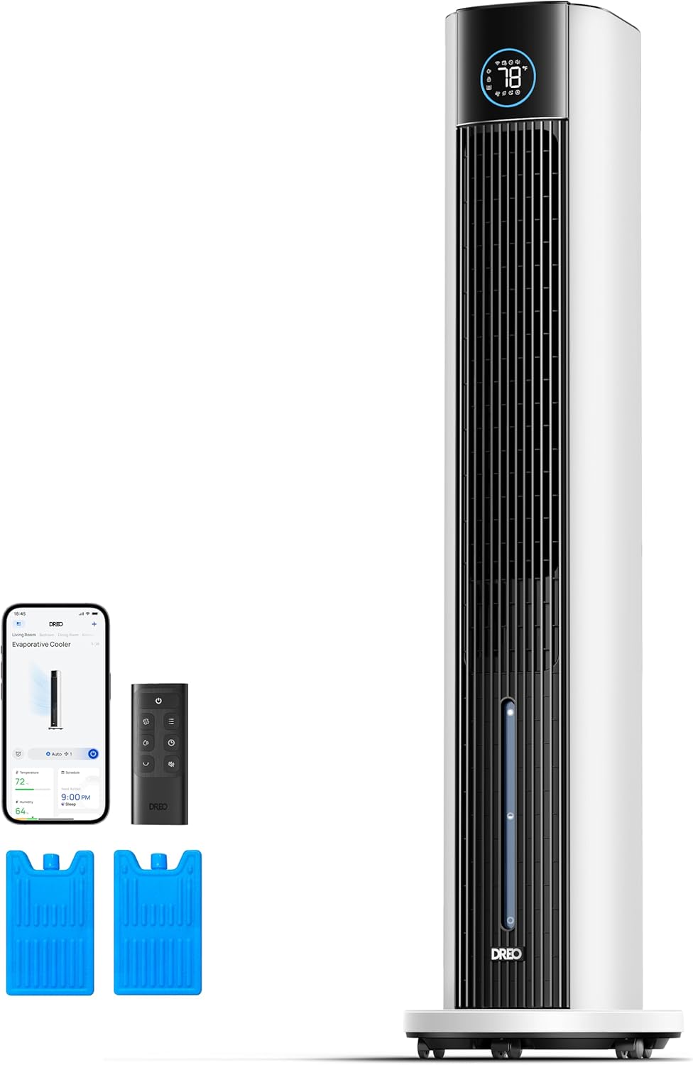 Evaporative Air Swamp Cooler, 43" Cooling Fans that Blow Cold Air 2025 Upgraded, 85° Oscillating Floor Fan for Bedroom, Easy Cleaning, APP Control, Ice Packs, 4 Speeds & 4 Modes, 12H Timer, White