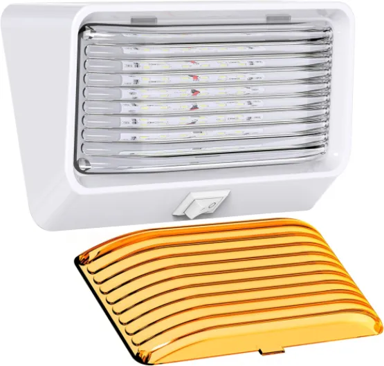 RV Exterior Porch Utility Light with Switch - 12v 280 Lumen Lighting Fixture - Replacement Lighting for RVs, Trailers, Campers, 5th Wheels - White Base, Clear and Amber Lens (White, 1-Pack) White 1-Pack