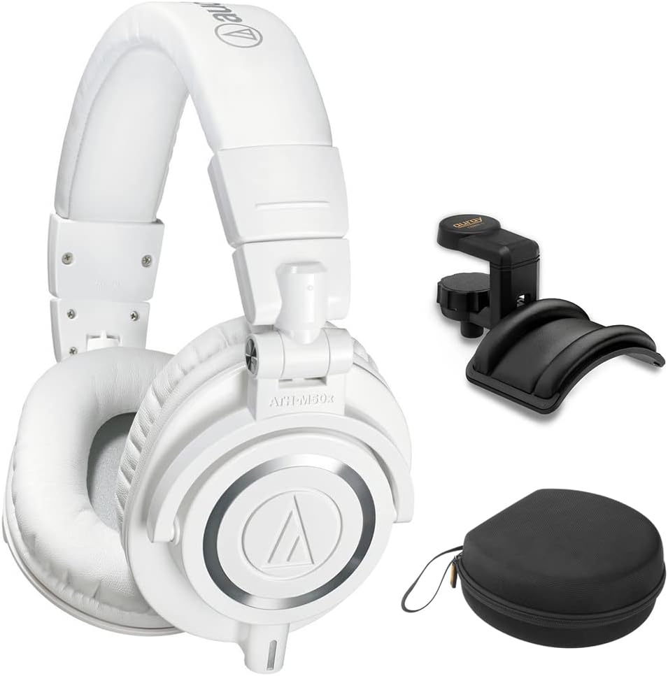 Audio-Technica ATH-M50x White Professional Studio Monitor Headphones Bundle with Auray Headphones Holder and Case