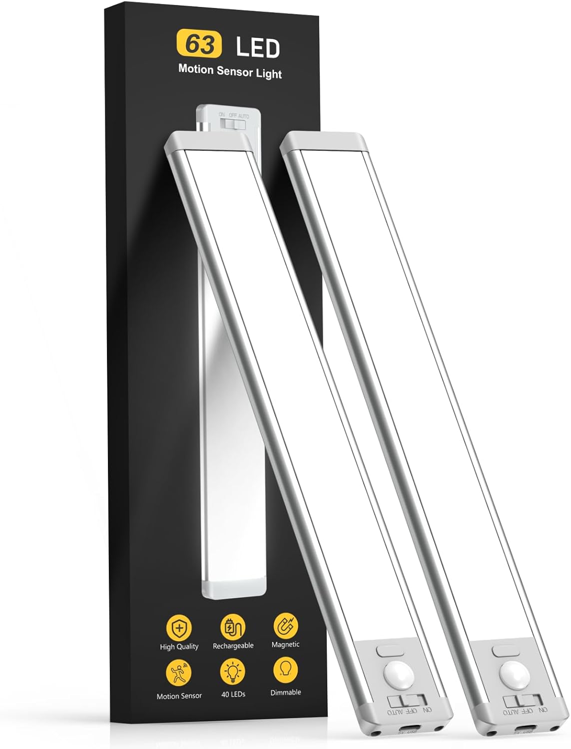 Under Cabinet Lighting, 14.7" Rechargeable Motion Sensor Light Indoor, 2 Pack Magnetic Dimmable Closet Lights, Wireless Under Counter Lights for Kitchen, Stairs,Hallway White Light 14.7inch
