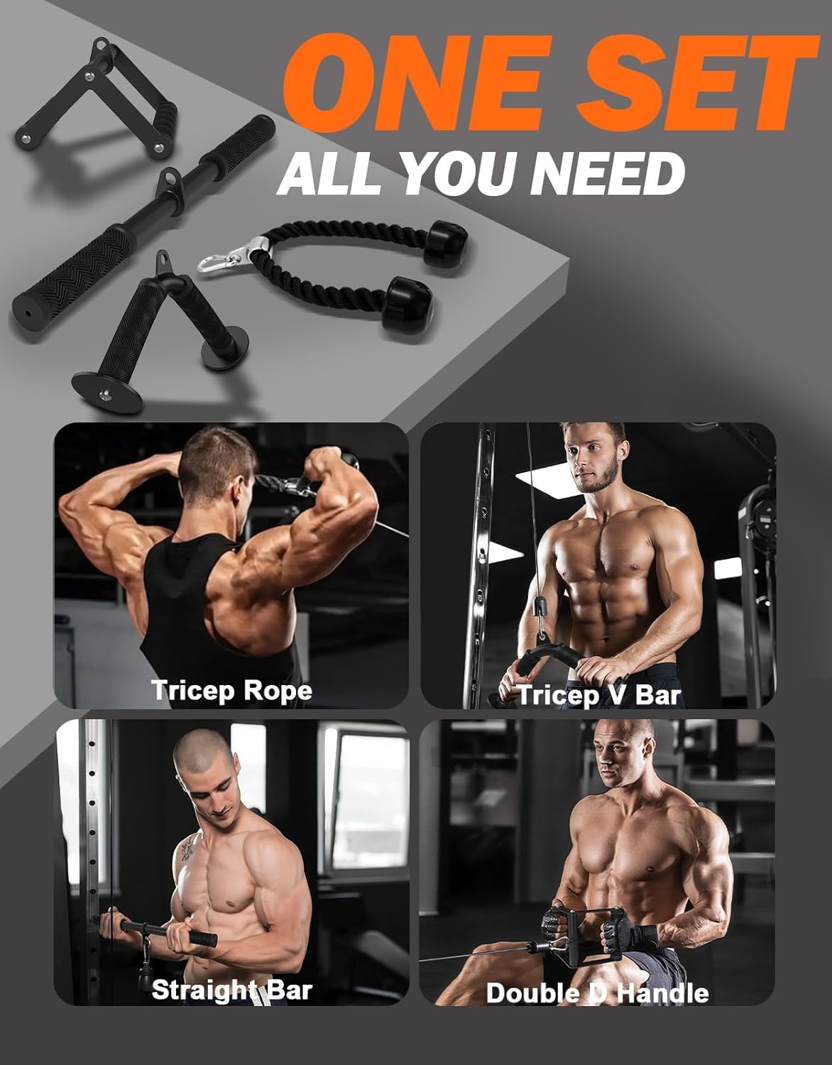 Cable Machine Attachment Set for Gym & Home Workouts, LAT Pulldown Attachments with Non-Slip Grips, Black Black-4-Piece Set