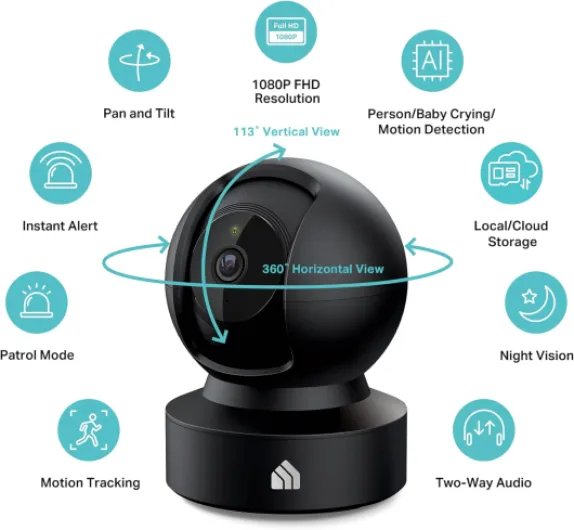 Indoor Pan-Tilt Home Security Camera, 1080p HD Dog Camera w/Night Vision, Motion Detection for Baby & Pet Monitor, Cloud & SD Card Storage, Works w/ Alexa & Google Home, 2.4G WiFi (EC71) Black New 1080P