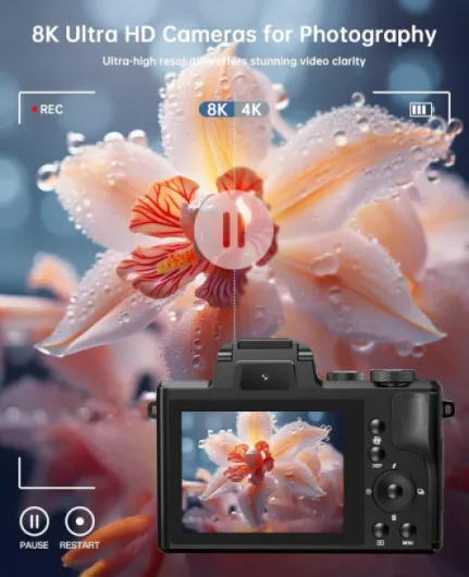 8K Digital Cameras for Photography Autofocus 88MP WiFi Professional 16X Digital Zoom Photography Camera with Dual-Lens for YouTube with Lens Hood, Touch Screen, 2 Batteries & Charging Stand Black