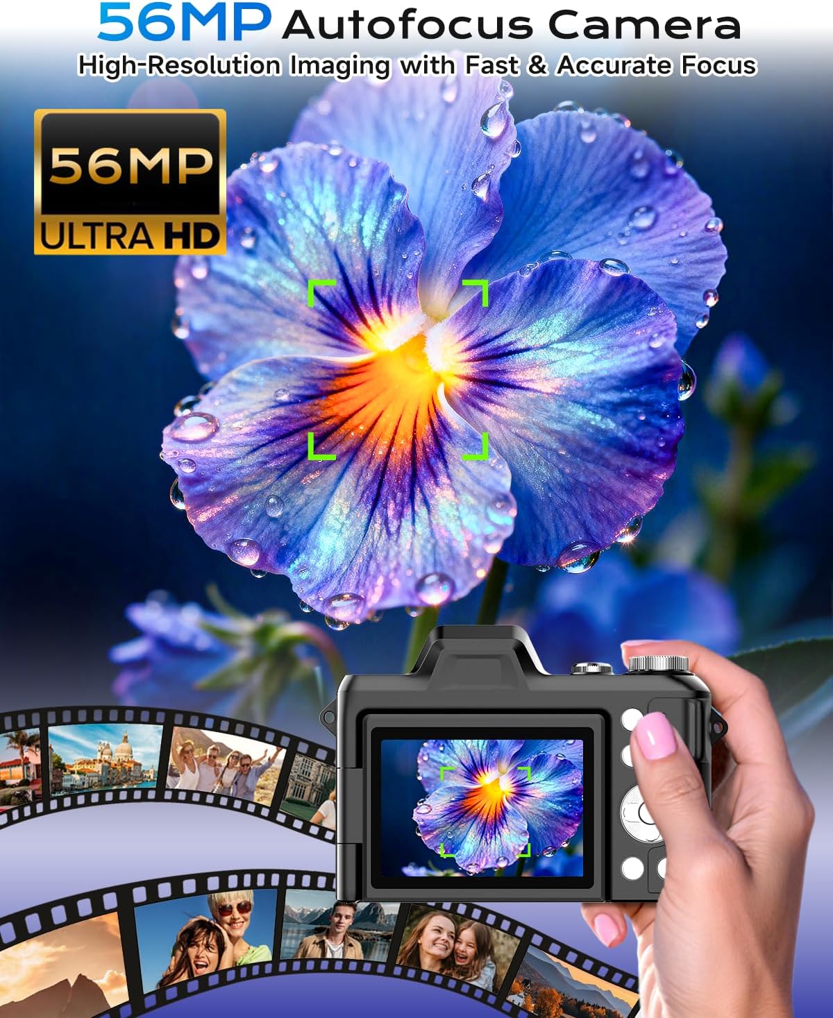 4K Digital Camera for Photography, Autofocus 56MP Vlogging Camera for YouTube/Content Creators/Travel, 16X Zoom Video Camera with 3" 180°Flip Screen & Lens Hood, Gift Ideas for Teens & Beginners Black