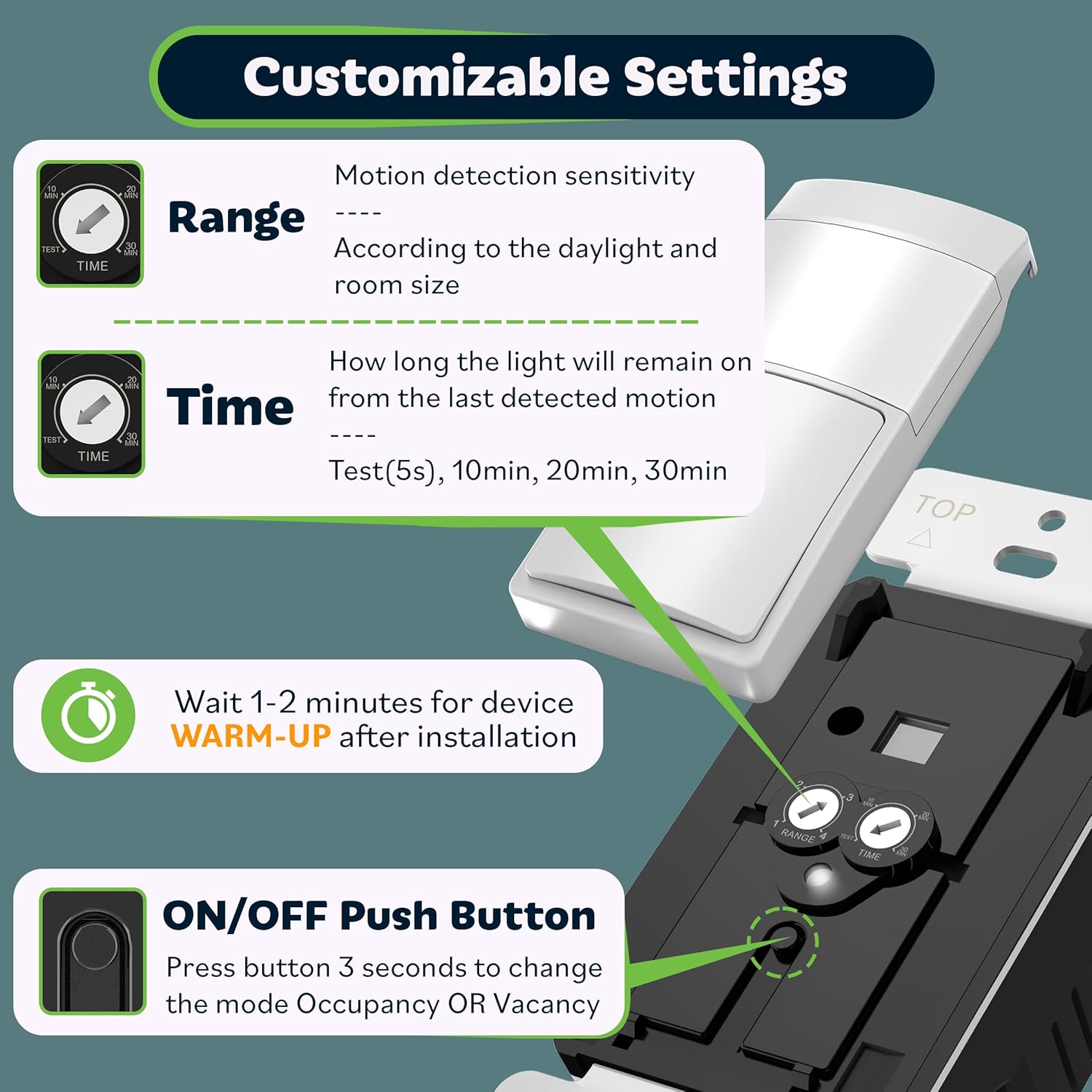 PIR Motion Sensor Light Switch, Occupancy & Vacancy Motion Sensor Switch, Operable Without Ground Wire, No Neutral Wire, Single Pole, TDOS5-HL-W-6PCS, White White 6 Pack