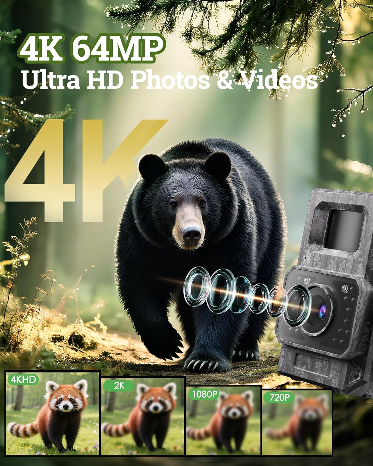 Solar Trail Camera WiFi Bluetooth - 4K 64MP Game Camera with 6000mAh Battery, Rechargeable Trail Cam with Night Vision Motion Activated IP66, Wildlife Cameras Deer Cams for Outdoor Backyard Greige