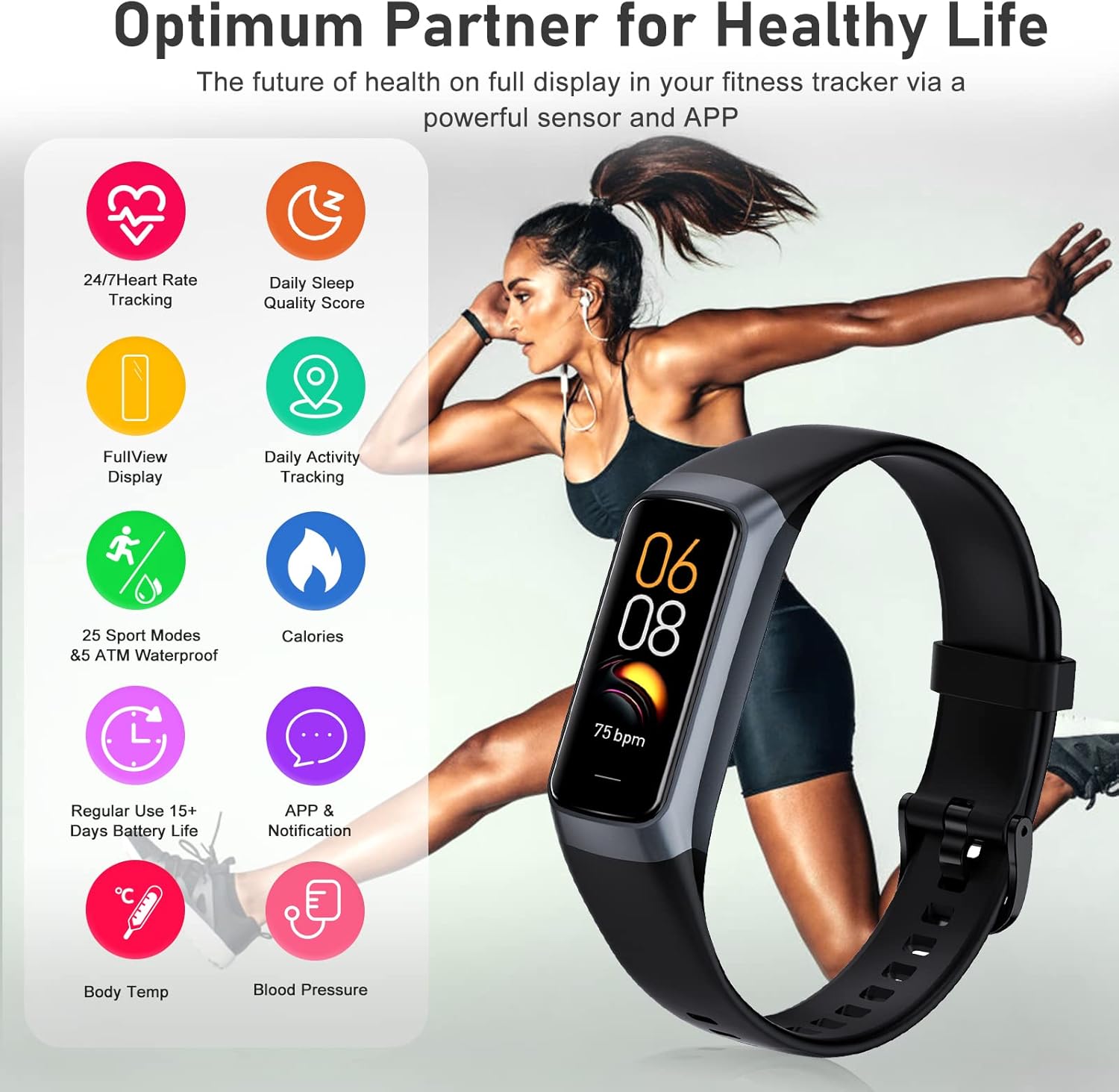 Fitness Tracker with 24/7 Heart Rate, Blood Oxygen Blood Pressure Sleep Monitor, Activity Trackers 5 ATM Waterproof,Step Calorie Counter Pedometer Health Smart Watch for Women Men (Black)