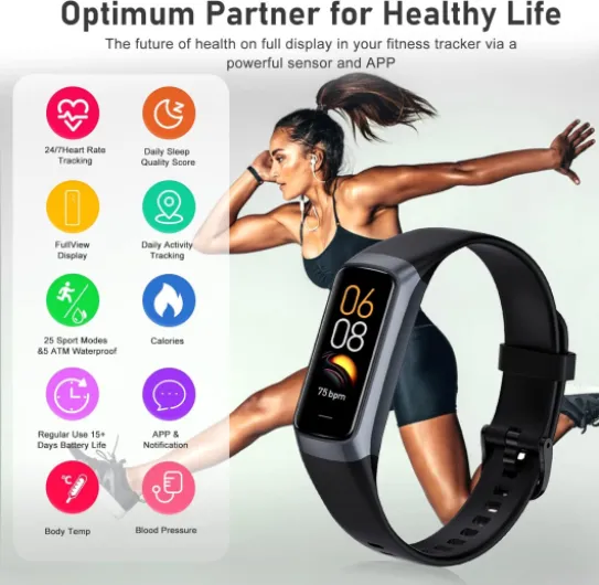 Fitness Tracker with 24/7 Heart Rate, Blood Oxygen Blood Pressure Sleep Monitor, Activity Trackers 5 ATM Waterproof,Step Calorie Counter Pedometer Health Smart Watch for Women Men (Black)
