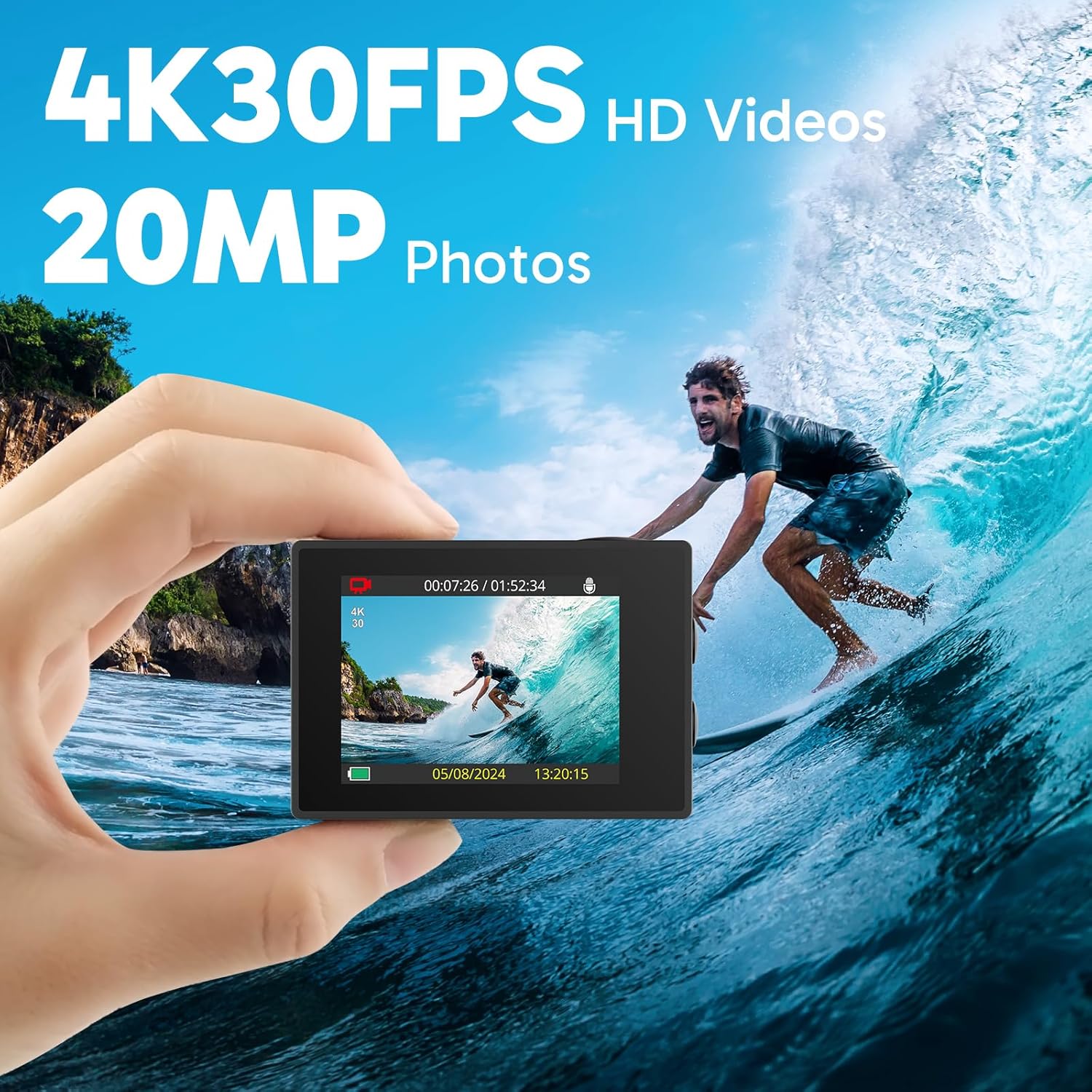EK7000 4K30FPS Action Camera with 64GB microSDXC Memory Card - 20MP Ultra HD Underwater Camera 170 Degree Wide Angle Waterproof Camera with Accessory Kit EK7000 With 64GB microSD Card