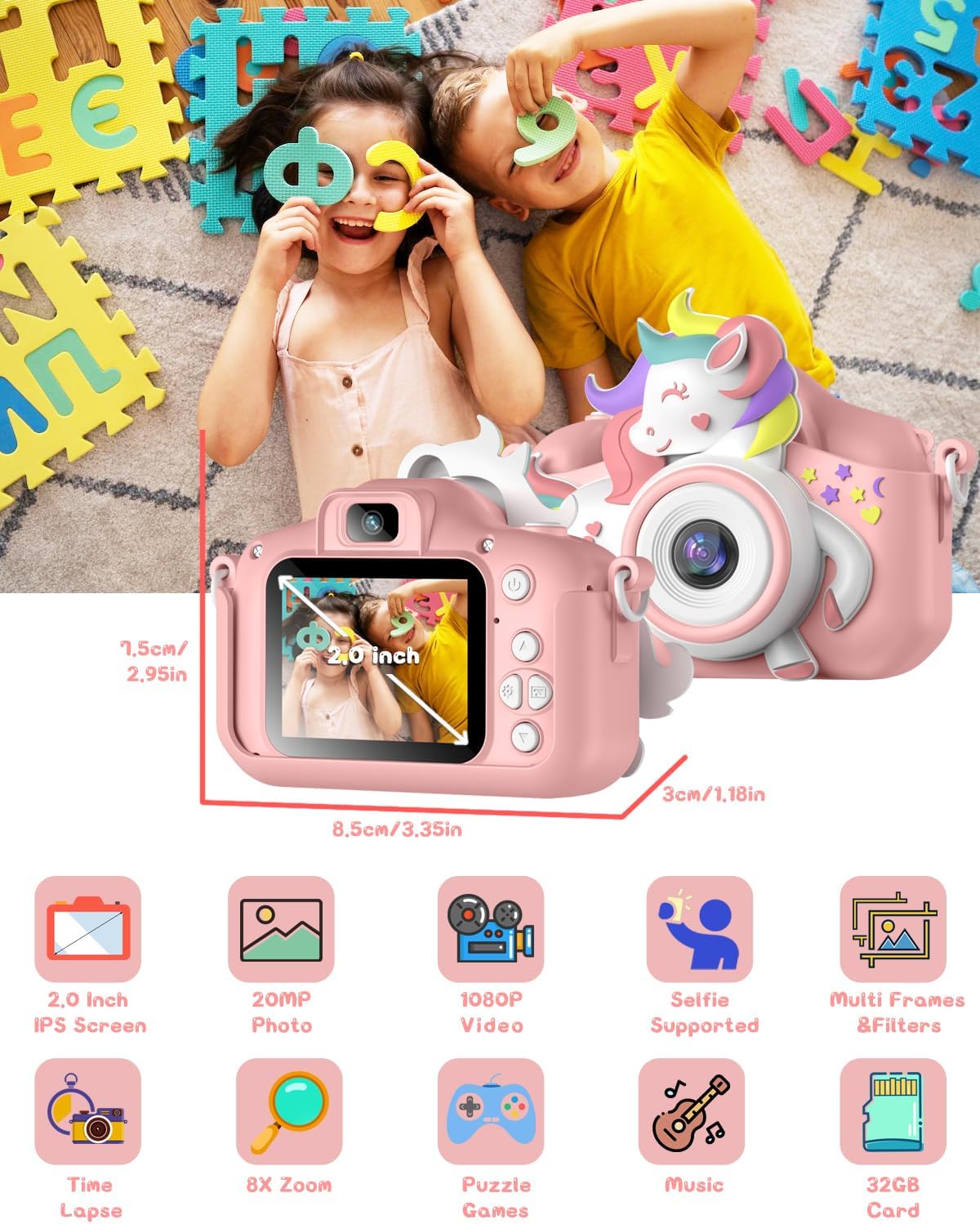 Kids Camera, 1080P HD 2.0" Digital Camera for Kids with 32GB Card, Selfie Toy, Birthday Gifts Presents for Girls Ages 3-12 Pink&White