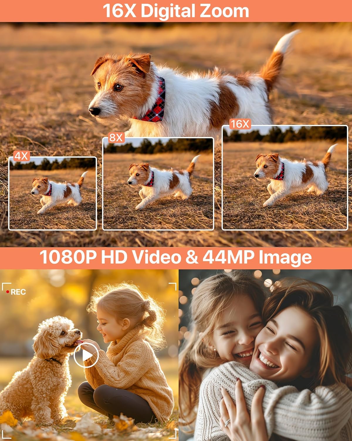 Digital Camera 1080P, 44MP FHD Compact Digital Camera, 16X Digital Zoom Portable Photo Camera with 2.4" LCD Screen, 1 Battery, Vlogging Camera for Kids, Beginners, Teens, Students-Black (No SD Card) Black-1 Battery