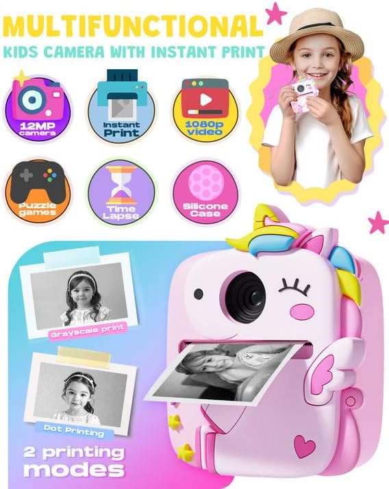 Kids Camera Instant Print for Boys Girls, Christmas Birthday Gifts for 3 4 5 6 7 8 9 Year Old Boys Girls, 1080P Kids Digital Camera Toys for Kids Age 3-9 Pink