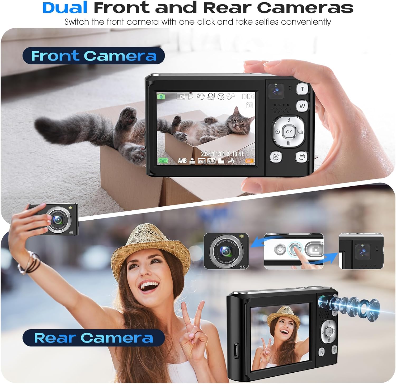 Digital Camera,Bofypoo 4K Autofocus Vlogging Camera with 32G Memory Card Front and Rear Dual Cameras,48MP Compact Digital Camera with 16X Digital Zoom for Beginners(Black)