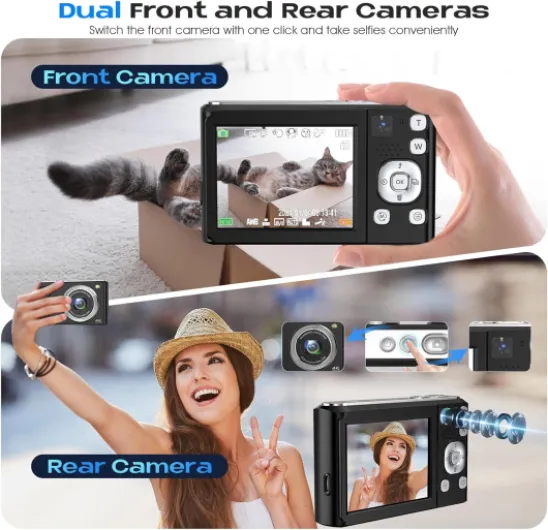 Digital Camera,Bofypoo 4K Autofocus Vlogging Camera with 32G Memory Card Front and Rear Dual Cameras,48MP Compact Digital Camera with 16X Digital Zoom for Beginners(Black)