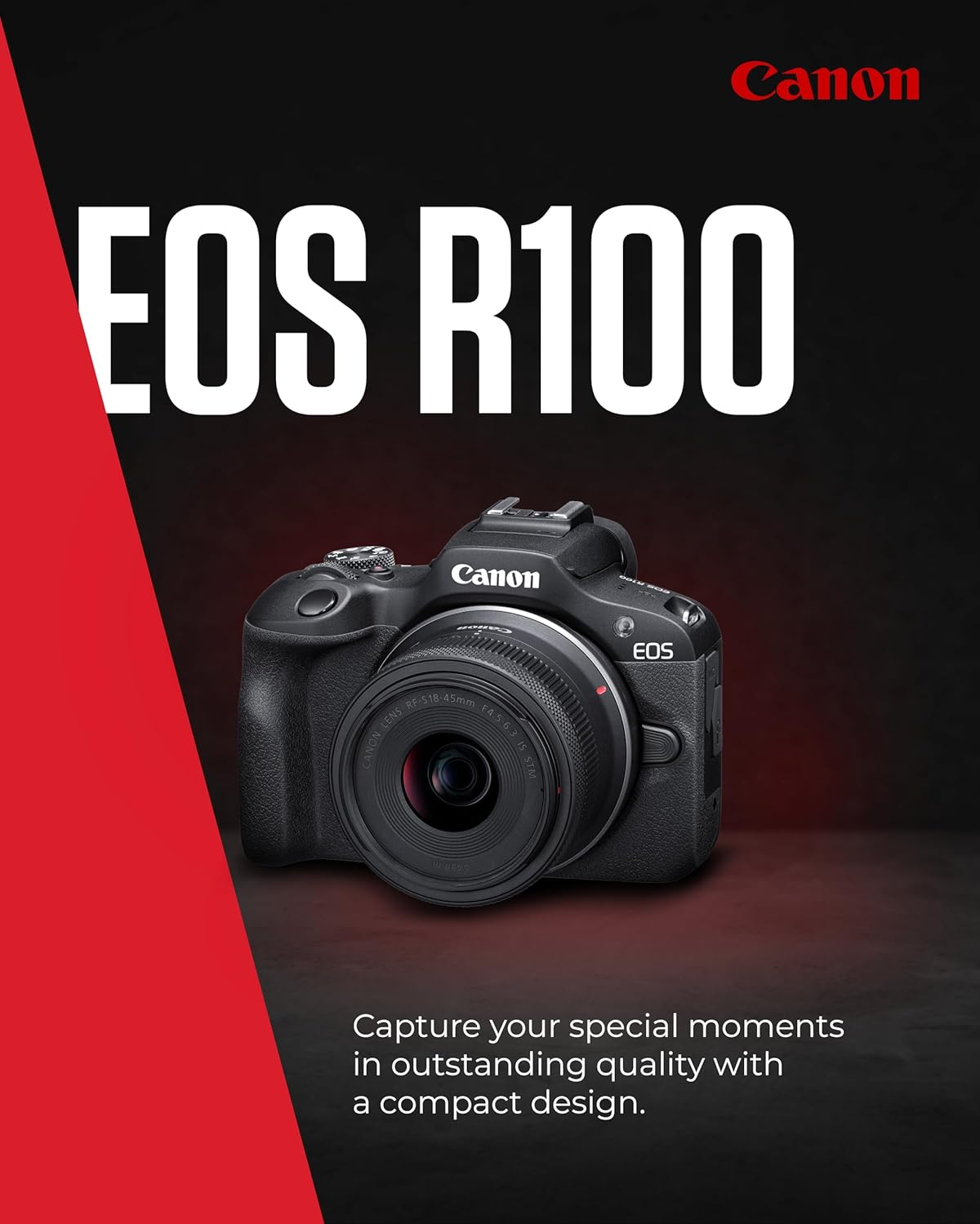 EOS R100 - Compact Mirrorless Digital Camera - 24.1 MP, 4K Resolution - Dual Pixel CMOS AF, DIGIC 8 Processor - 6.5 FPS Continuous Shooting - Face & Eye Detection, Bluetooth, Wi-Fi, GPS EOS R100 + RF-S 18-45mm
