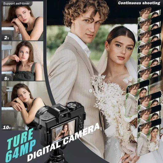 8K 64MP Digital Camera, Wi-Fi & App Control, 16X Zoom, Autofocus, Anti-Shake, 180° Flip Screen, Macro & Wide-Angle Lenses, Webcam Function, Includes 64GB TF Card & 2 Batteries (Black)