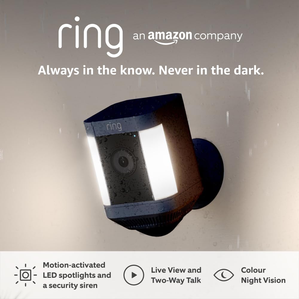 Spotlight Cam Plus Battery - Wireless outdoor Security Camera 1080p HD Video, Two-Way Talk, LED Spotlights, Siren, alternative to CCTV system - 30-day free trial of Ring Subscription 1 Camera Black Plus With Battery