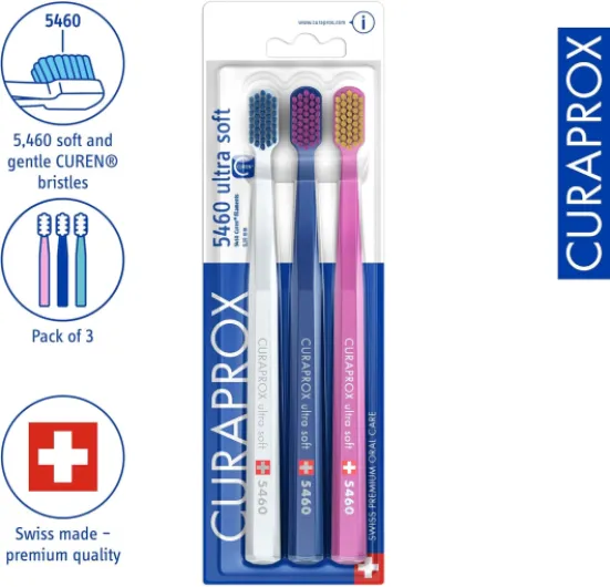 CS 5460 Ultra-Soft Toothbrush – for Sensitive Teeth & Gums - Gentle Plaque Removal - 3-Pieces - Random Colour - Made in Switzerland Random 3 count (Pack of 1)