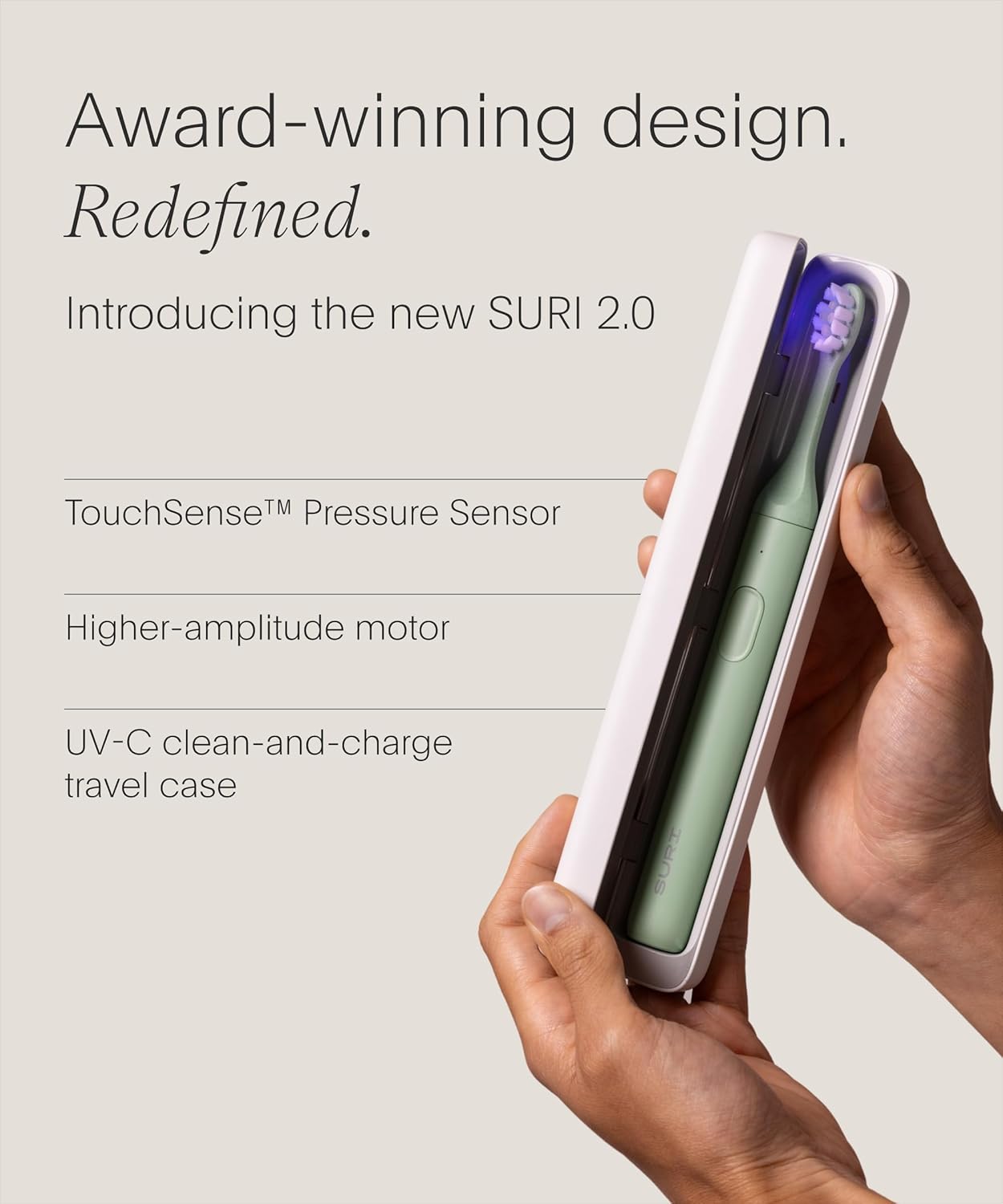 2.0 Sonic Electric Toothbrush with Pressure Sensor & UV-Cleaning Travel Case - 40+Day Battery - Designed in London - Electric Toothbrush for Adults - Travel Toothbrushes - Tooth Brush - Green Case + SURI 2.0 Winter Fern