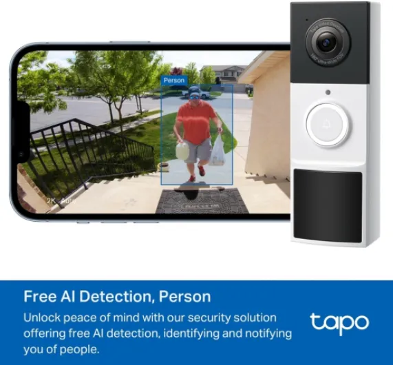 D210 Doorbell Camera Wireless 2K 3MP Ultra-Clear Doorbell Camera, Battery Video Doorbell Wireless, Ring Chime Included, Color Night, TP-Link Free AI Detection,IP65,6-Month Battery,No Monthly Fee