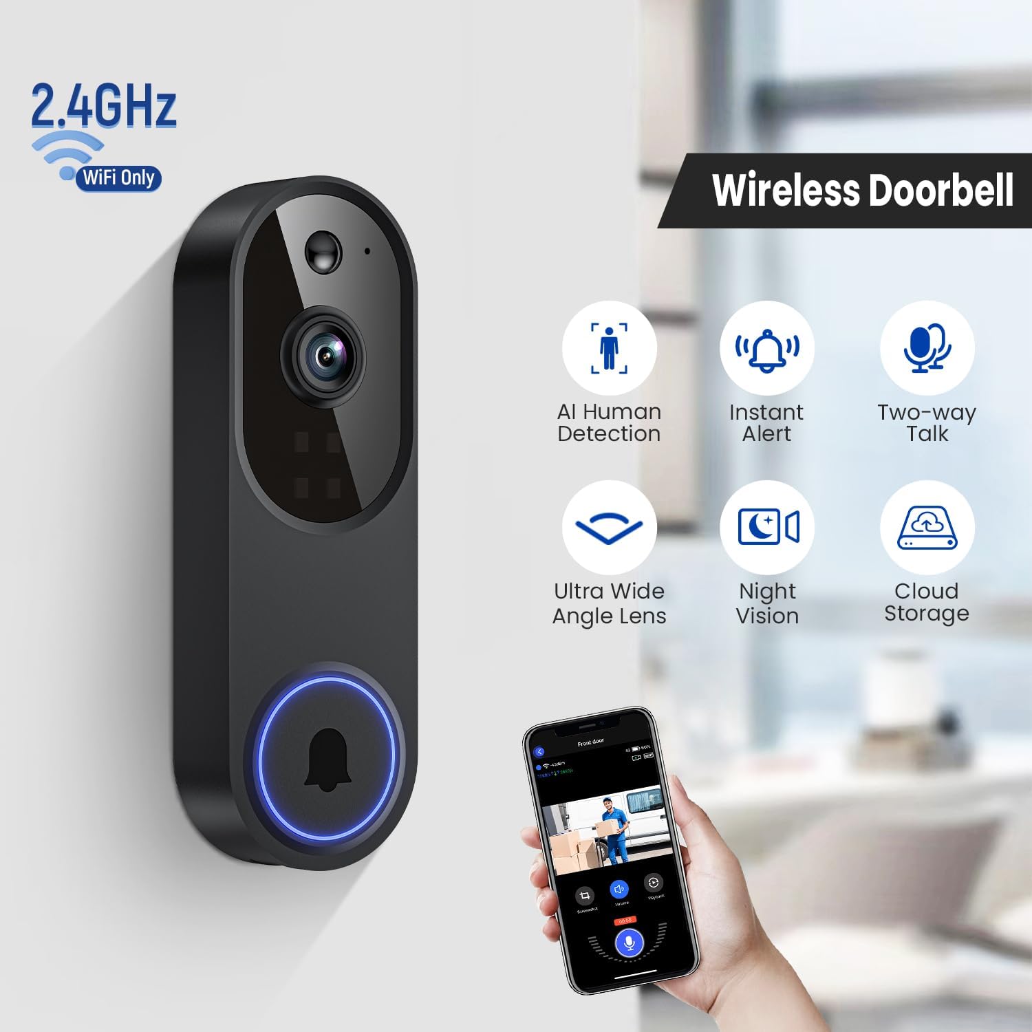 FineLuck 1080P WiFi Video Doorbell Camera Wireless, AI Human Detection, 2-Way Talk, 2.4G Wi-Fi, Battery Powered, Cloud Storage, Indoor Outdoor Surveillance (With Receiver)