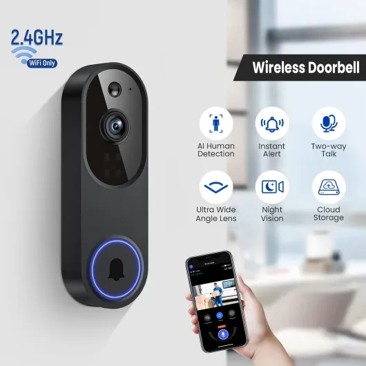 FineLuck 1080P WiFi Video Doorbell Camera Wireless, AI Human Detection, 2-Way Talk, 2.4G Wi-Fi, Battery Powered, Cloud Storage, Indoor Outdoor Surveillance (With Receiver)
