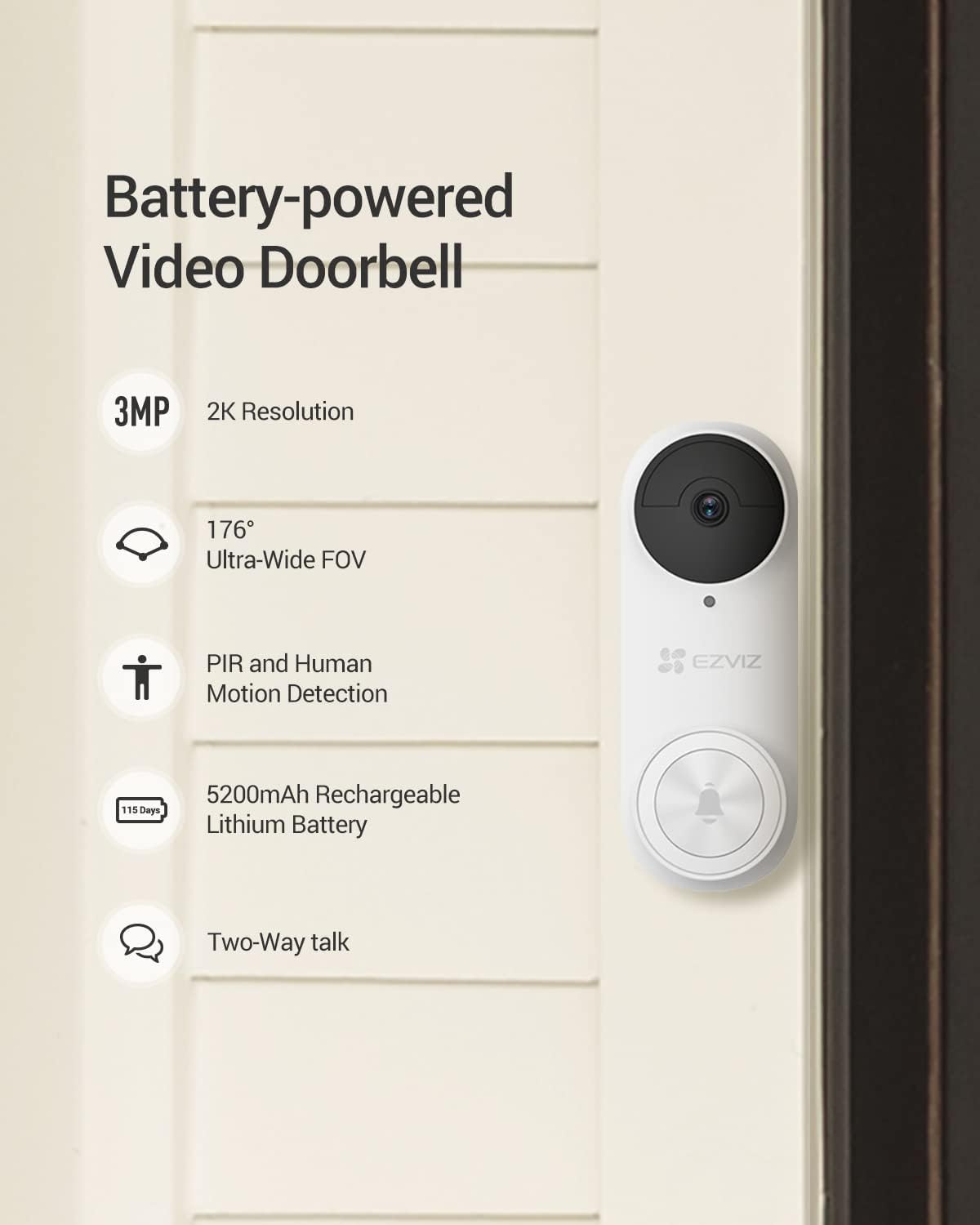 2K Battery Video Doorbell Camera with Chime No Monthly Fee, Wireless, Rechargeable, 256GB SD Card Supports, Human Detection, Ultra-Wide View, 2.4GHz WiFi, Voice Changer, Alexa Control (DB2)
