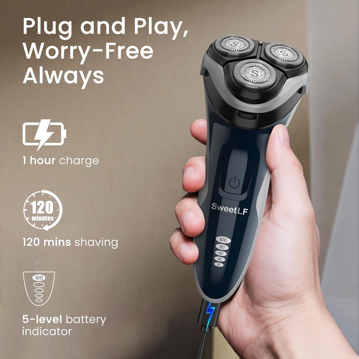 Electric Razor for Men, 120 Min Shaving, Fast UK Adapter (1H Charging),100% Waterproof, Wet & Dry Rotary Shavers for Men with Pop-up Trimmer, LED Display, Dark Blue
