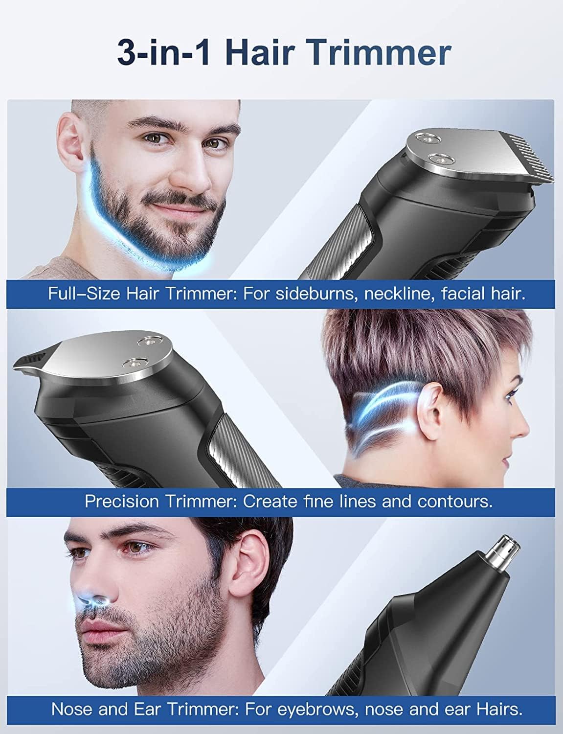 Beard Trimmer Hair Clippers Men, Nose & Ear Trimmer, 9-in-1 Body Groomer Men Kit, Cordless Rechargeable Hair Clippers with 7 Limit Combs, Stainless Steel Blades, 100% Waterproof Extra Long Life Black