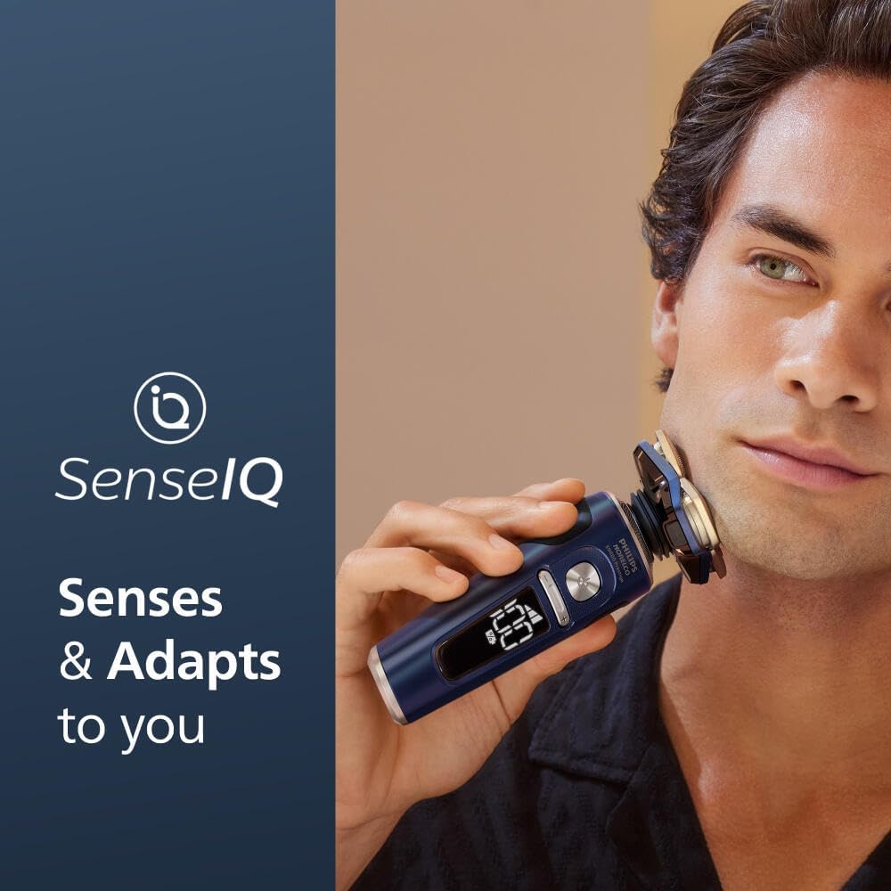 Philips Norelco Shaver Series 9000 Prestige, Wet and Dry Electric Shaver, Blue, Lift & Cut Shaving System, SkinIQ Technology, Precision Trimmer, Nose Trimmer, Qi Charging Pad, Cleaning Pod, SP9886/89 S9000 Prestige Space Grade S9000 Prestige Space Grade