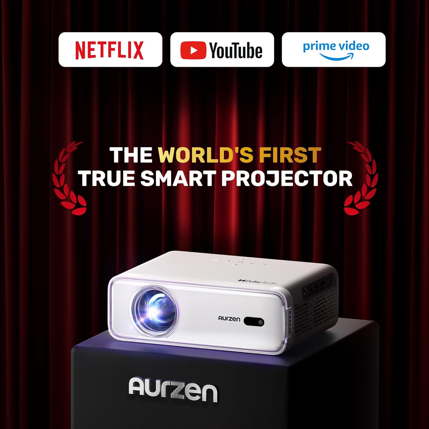 [Netflix Officially & Dolby Audio] Aurzen Eazze D1 4K Supported Smart Projector with Auto Focus & Auto Keystone, HDR10, 60Hz Portable Projector for iOS/Android/USB/TV Stick, White