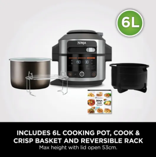 Foodi 11-in-1 SmartLid Multi-Cooker, 6L, Electric Pressure Cooker & Air Fryer, Layer Mains & Sides with Reversible Rack, Cooks 4 Portions, Dishwasher Safe Parts, Stainless Steel/Black OL550UK