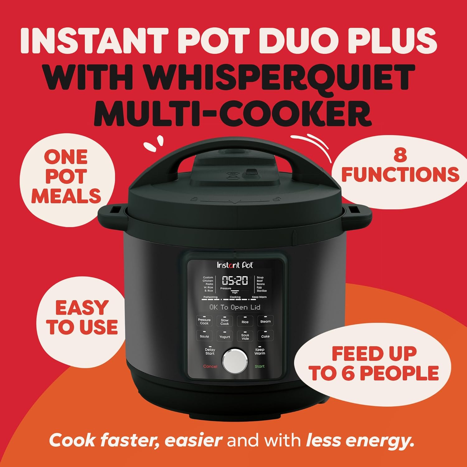 Duo Plus with WhisperQuiet Multi-Cooker 5.7L - Black, Electric Pressure Cooker, Slow Cooker, Rice Cooker, Sauté Pan, Yoghurt Maker, Food Warmer, Steamer Pot, Sous Vide, Easy Clean Black 5.7 Litres Whisper Quiet
