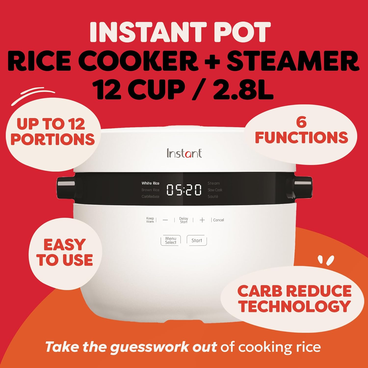Electric Rice Cooker & Steamer, 2.8L (12 Cup) - With Dishwasher-Safe Non-Stick Cooking Pot, Stainless-steel Steamer Basket, Measuring Cup, Rice Spoon - With Slow Cooker & Sauté Functions Rice Cooker 12 cup
