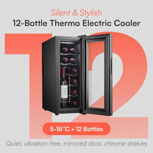 CWTE12BK 12 Bottle Thermo Electric Wine Cooler and Chiller for Counter Top, Digital Temperature Control, Less Noise and No Vibration - in Black