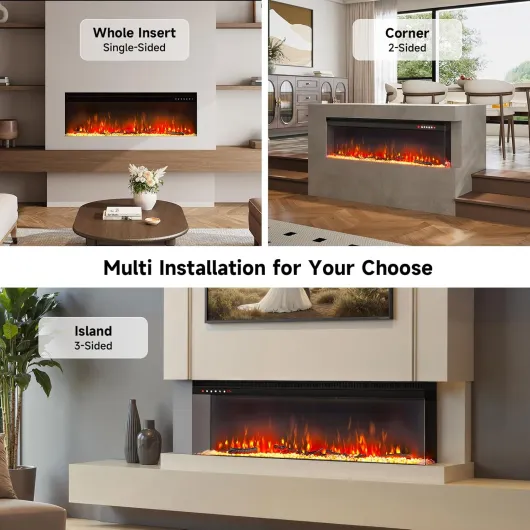 Electric Fire 60inch/152cm 3-Side Glass Display Media Wall Fire Recessed/Freestanding Electric Fireplace with 9 Colors Realistic LED Flame Effect Touch Remote Control & Overheat Protection 60inch 3-side Glass Display