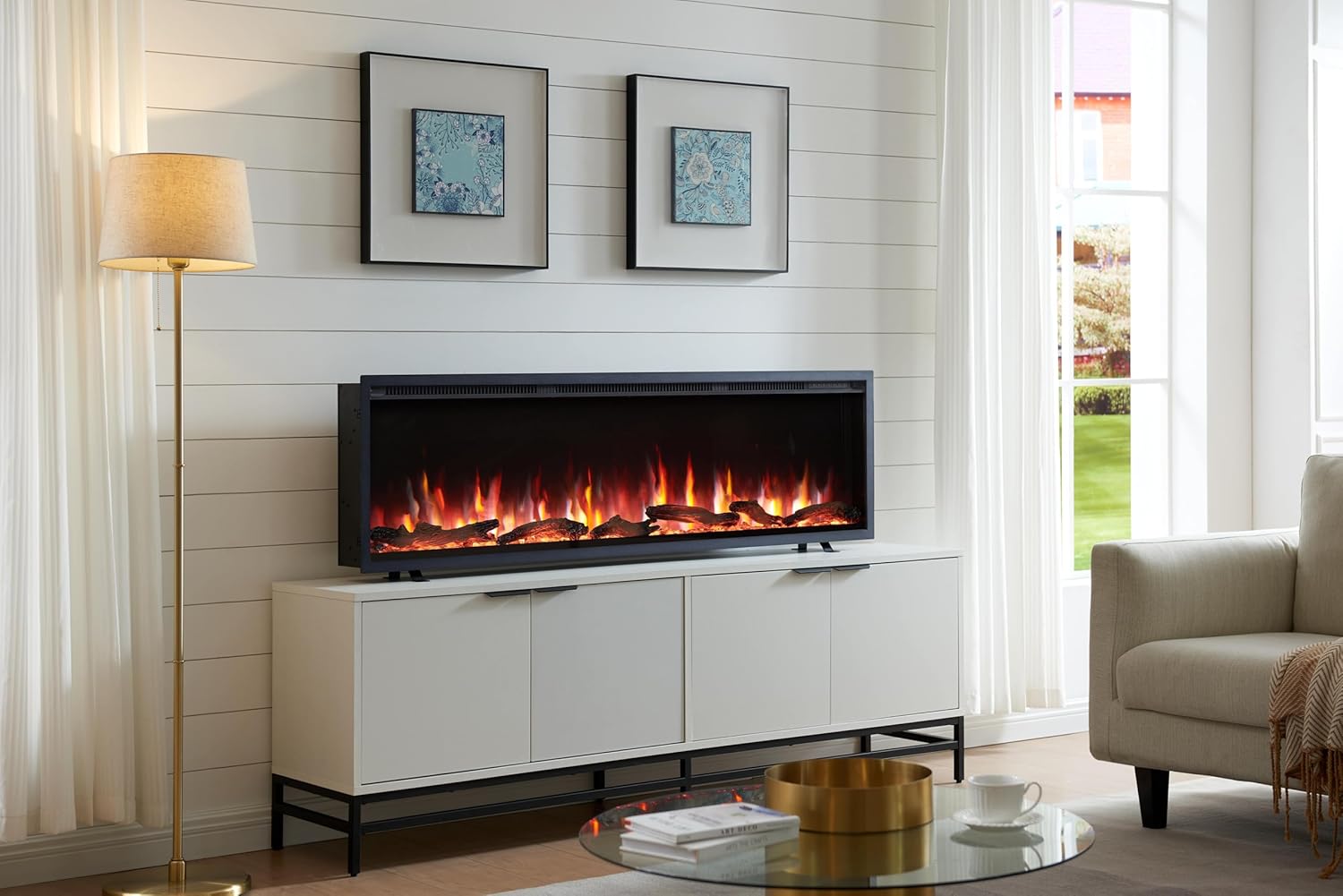 Avena 127cm/50" Slim Frame Recessed Media Wall Inset Electric Fireplace with Multi Flame Colours, with Logs, Heater 750W & 1500W 127 centimeters Black